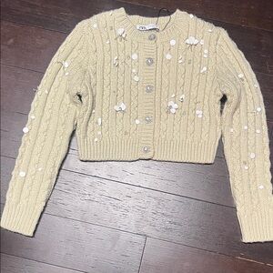 Zara Beige Cable Knit Cardigan with Floral Accents